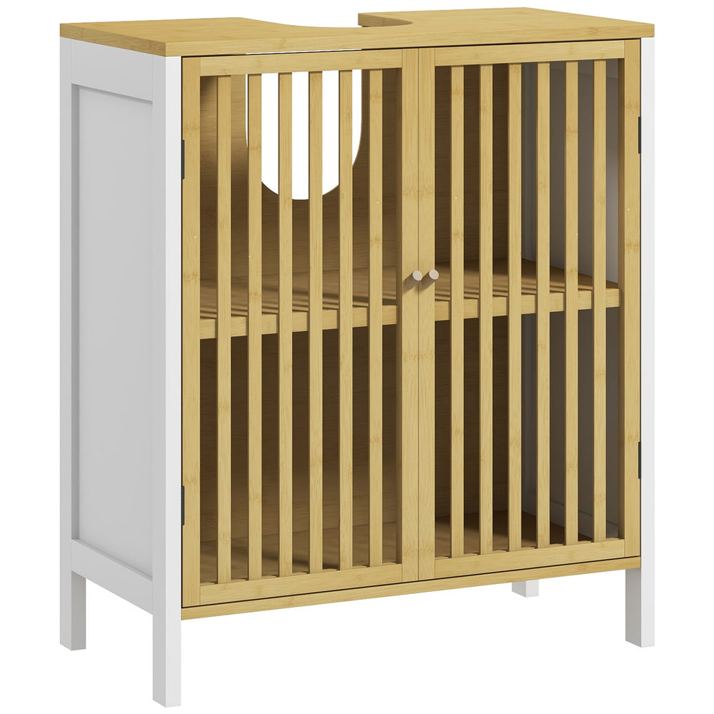 HOMCOM Armario Para Debajo Del Lavabo Con Puerta Doble Y Estante Ajustable – Roble Y Gris – 60x30x59,8 Cm