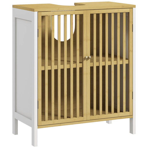 HOMCOM Móvel para Lavatório Pousar Armário de Bambu para Casa de Banho com Porta Dupla e Prateleira Ajustável Carga 30 kg 60x30x70 cm Natural e Branco