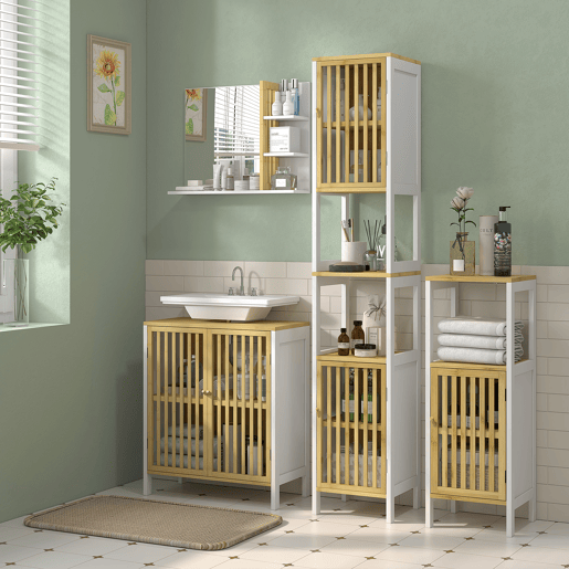 HOMCOM Móvel para Lavatório Pousar Armário de Bambu para Casa de Banho com Porta Dupla e Prateleira Ajustável Carga 30 kg 60x30x70 cm Natural e Branco