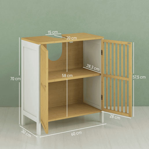 HOMCOM Móvel para Lavatório Pousar Armário de Bambu para Casa de Banho com Porta Dupla e Prateleira Ajustável Carga 30 kg 60x30x70 cm Natural e Branco