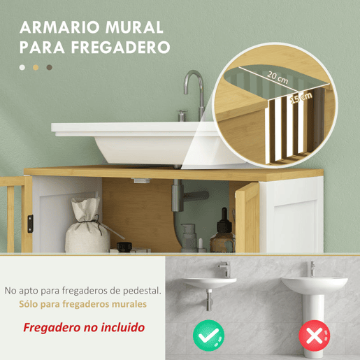 HOMCOM Móvel para Lavatório Pousar Armário de Bambu para Casa de Banho com Porta Dupla e Prateleira Ajustável Carga 30 kg 60x30x70 cm Natural e Branco