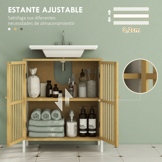 HOMCOM Móvel para Lavatório Pousar Armário de Bambu para Casa de Banho com Porta Dupla e Prateleira Ajustável Carga 30 kg 60x30x70 cm Natural e Branco
