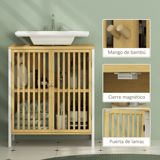 HOMCOM Móvel para Lavatório Pousar Armário de Bambu para Casa de Banho com Porta Dupla e Prateleira Ajustável Carga 30 kg 60x30x70 cm Natural e Branco