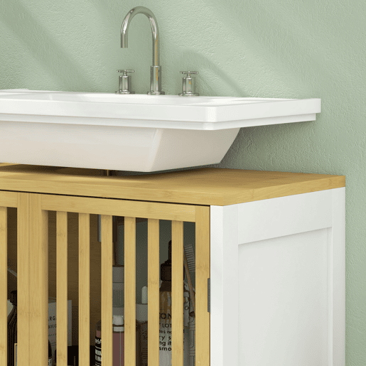 HOMCOM Móvel para Lavatório Pousar Armário de Bambu para Casa de Banho com Porta Dupla e Prateleira Ajustável Carga 30 kg 60x30x70 cm Natural e Branco