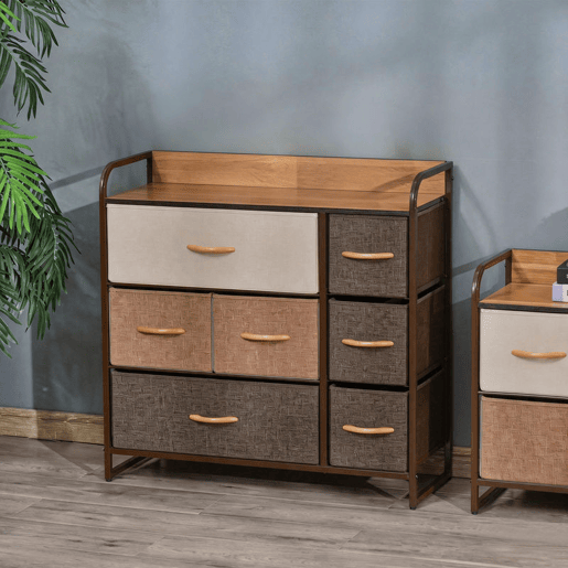HOMCOM Cómoda Estreita com 7 Gavetas Dobráveis de Tecido, Cómoda de Quarto com Estrutura Metálica, Móvel para Espaços Pequenos, Sala de Estar, Casa de Banho, Multicolor