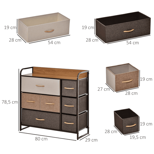 HOMCOM Cómoda Estreita com 7 Gavetas Dobráveis de Tecido, Cómoda de Quarto com Estrutura Metálica, Móvel para Espaços Pequenos, Sala de Estar, Casa de Banho, Multicolor