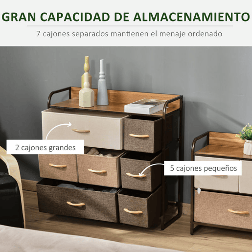 HOMCOM Cómoda Estreita com 7 Gavetas Dobráveis de Tecido, Cómoda de Quarto com Estrutura Metálica, Móvel para Espaços Pequenos, Sala de Estar, Casa de Banho, Multicolor