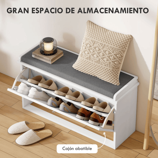 HOMCOM Banco Sapateira Moderno Móvel Sapateira com Banco de Madeira com Prateleiras Ajustáveis e Almofada Acolchoada para 8 Pares de Sapatos para Entrada Corredor 80x26x44,5 cm Branco