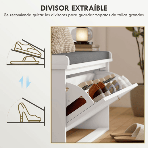 HOMCOM Banco Sapateira Moderno Móvel Sapateira com Banco de Madeira com Prateleiras Ajustáveis e Almofada Acolchoada para 8 Pares de Sapatos para Entrada Corredor 80x26x44,5 cm Branco