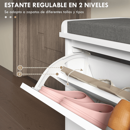 HOMCOM Banco Sapateira Moderno Móvel Sapateira com Banco de Madeira com Prateleiras Ajustáveis e Almofada Acolchoada para 8 Pares de Sapatos para Entrada Corredor 80x26x44,5 cm Branco