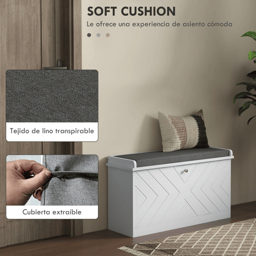HOMCOM Banco Sapateira Moderno Móvel Sapateira com Banco de Madeira com Prateleiras Ajustáveis e Almofada Acolchoada para 8 Pares de Sapatos para Entrada Corredor 80x26x44,5 cm Branco