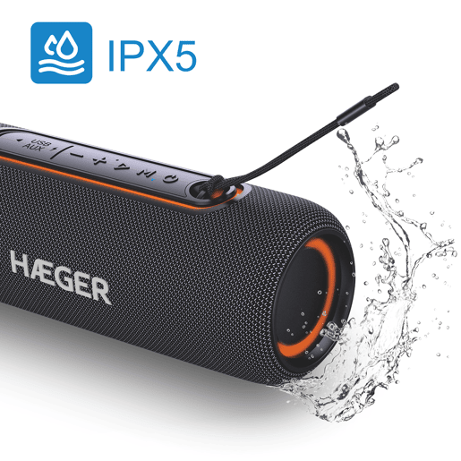 Coluna Bluetooth Portátil HAEGER Light Boom - Autonomia 3h, IPX5, Microfone, Iluminação RGB
