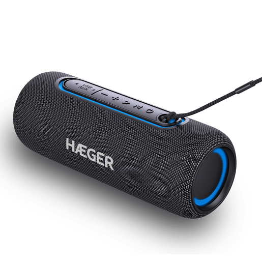 Coluna Bluetooth Portátil HAEGER Light Boom - Autonomia 3h, IPX5, Microfone, Iluminação RGB