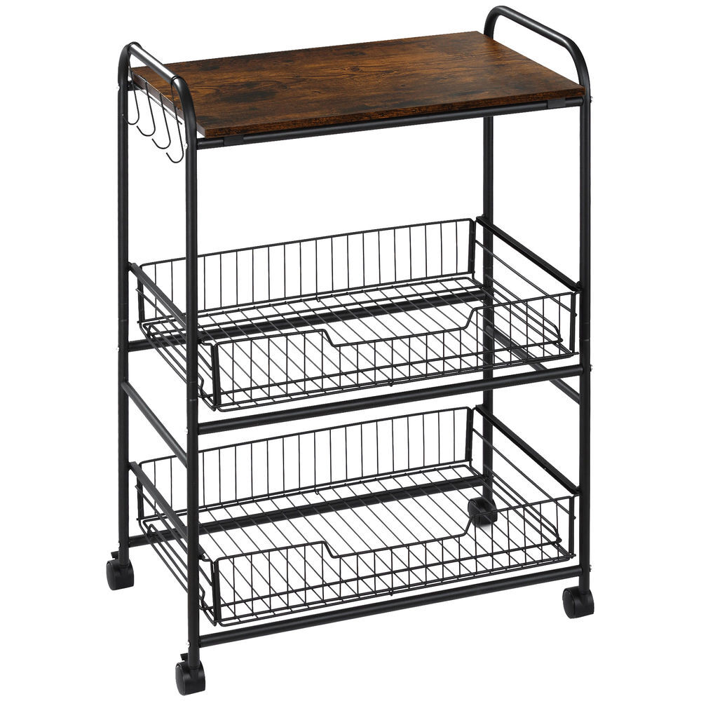 Homcom carrito auxiliar con ruedas carrito verdulero de 3 niveles carrito de cocina con 2 cestas y 4 ganchos para comedor salón 60x38x85,5 cm marrón rústico
