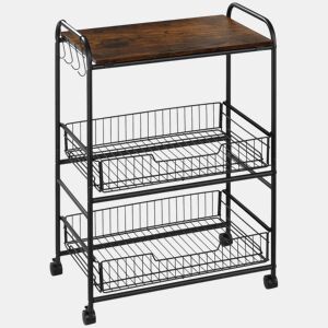 HOMCOM Carrinho de Cozinha com Rodas Carrinho Auxiliar de 3 Níveis com 2 Cestas e 4 Ganchos para Cozinha Sala de Jantar 60x38x85,5 cm Castanho Rústico