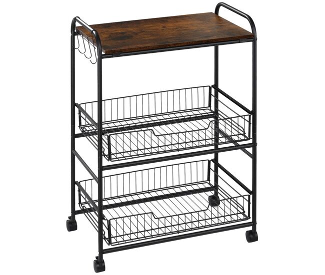 Homcom carrito auxiliar con ruedas carrito verdulero de 3 niveles carrito de cocina con 2 cestas y 4 ganchos para comedor salón 60x38x85,5 cm marrón rústico