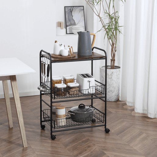 HOMCOM Carrinho de Cozinha com Rodas Carrinho Auxiliar de 3 Níveis com 2 Cestas e 4 Ganchos para Cozinha Sala de Jantar 60x38x85,5 cm Castanho Rústico