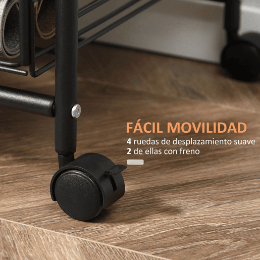HOMCOM Carrinho de Cozinha com Rodas Carrinho Auxiliar de 3 Níveis com 2 Cestas e 4 Ganchos para Cozinha Sala de Jantar 60x38x85,5 cm Castanho Rústico