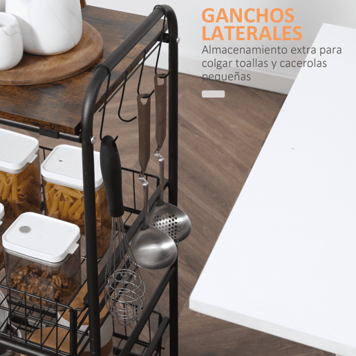 HOMCOM Carrinho de Cozinha com Rodas Carrinho Auxiliar de 3 Níveis com 2 Cestas e 4 Ganchos para Cozinha Sala de Jantar 60x38x85,5 cm Castanho Rústico
