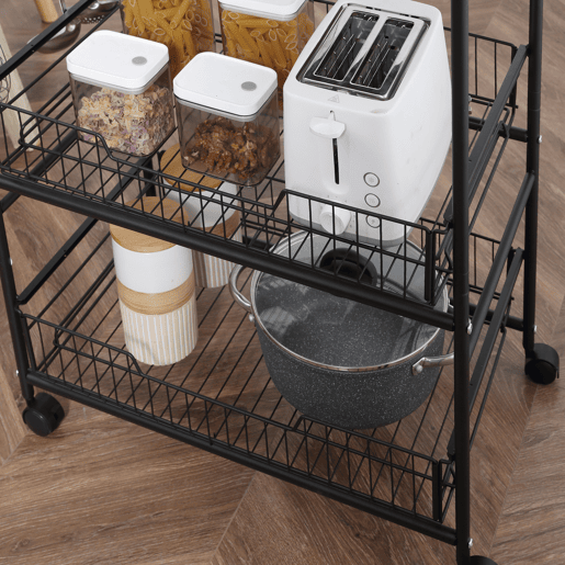 HOMCOM Carrinho de Cozinha com Rodas Carrinho Auxiliar de 3 Níveis com 2 Cestas e 4 Ganchos para Cozinha Sala de Jantar 60x38x85,5 cm Castanho Rústico