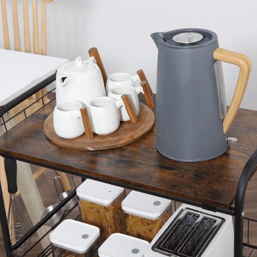 HOMCOM Carrinho de Cozinha com Rodas Carrinho Auxiliar de 3 Níveis com 2 Cestas e 4 Ganchos para Cozinha Sala de Jantar 60x38x85,5 cm Castanho Rústico