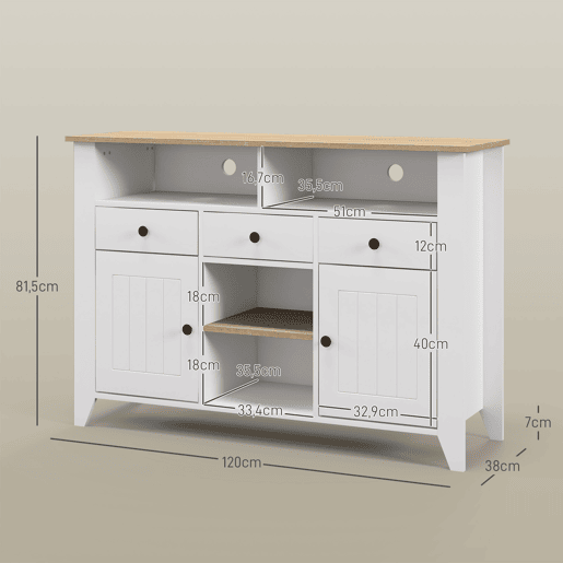 HOMCOM Aparador de Cozinha Mesa para Televisores de 50 Polegadas com 3 Gavetas 2 Armários 2 Prateleiras Abertas e 2 Prateleiras Ajustáveis Estilo Moderno 120x38x81,5 cm Branco