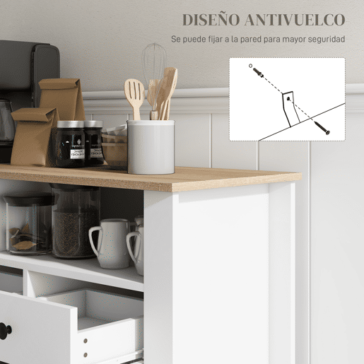 HOMCOM Aparador de Cozinha Mesa para Televisores de 50 Polegadas com 3 Gavetas 2 Armários 2 Prateleiras Abertas e 2 Prateleiras Ajustáveis Estilo Moderno 120x38x81,5 cm Branco