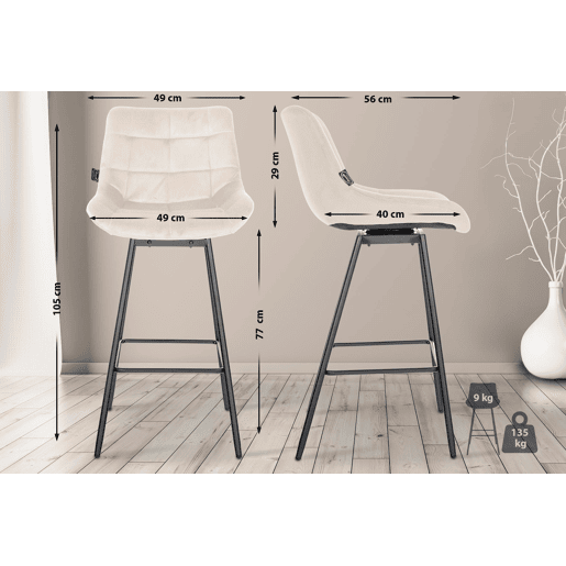 Taburete de Bar Weston Giratorio 180 grados | Taburete Alto con Respaldo y Asiento Acolchado Terciopelo Crema 56X49X105 cm