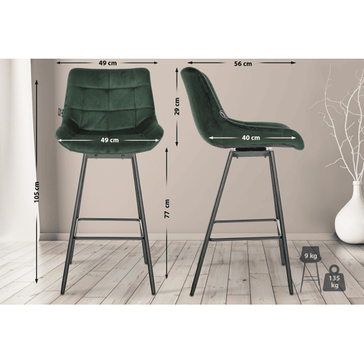 Taburete de Bar Weston Giratorio 180 grados | Taburete Alto con Respaldo y Asiento Acolchado Terciopelo Verde oscuro 56X49X105 cm