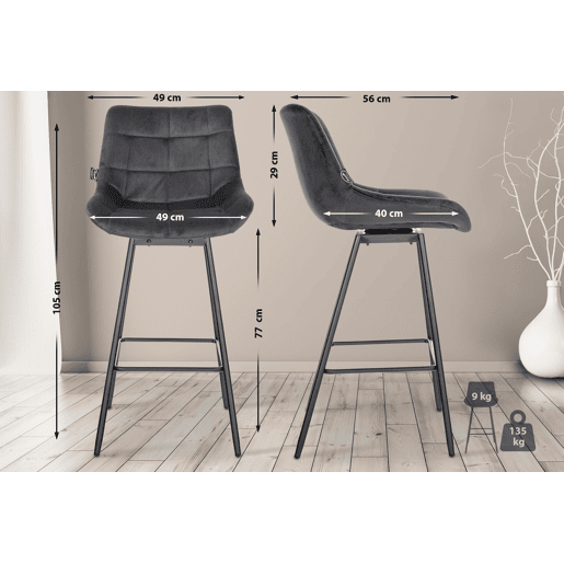 Taburete de Bar Weston Giratorio 180 grados | Taburete Alto con Respaldo y Asiento Acolchado Terciopelo Gris oscuro 56X49X105 cm