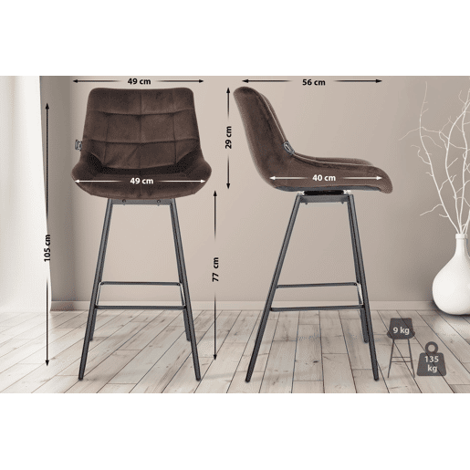 Taburete de Bar Weston Giratorio 180 grados | Taburete Alto con Respaldo y Asiento Acolchado Terciopelo Marrón 56X49X105 cm