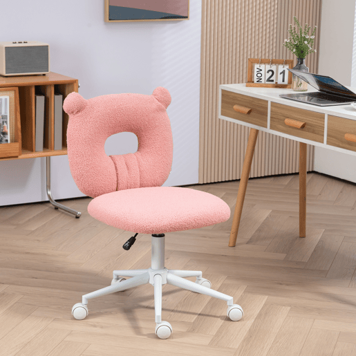 HOMCOM Cadeira de Secretária de Carneirinho Cadeira Infantil Giratória com Assento Ajustável em Altura e Encosto em Forma de Urso Capacidade 120 kg 50x56x80-90 cm Rosa