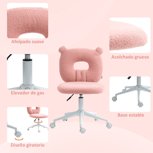 HOMCOM Cadeira de Secretária de Carneirinho Cadeira Infantil Giratória com Assento Ajustável em Altura e Encosto em Forma de Urso Capacidade 120 kg 50x56x80-90 cm Rosa