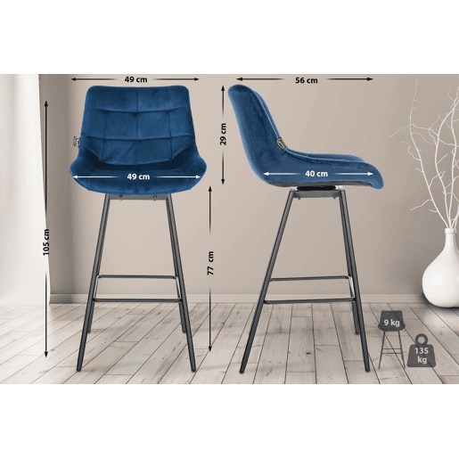 Taburete de Bar Weston Giratorio 180 grados | Taburete Alto con Respaldo y Asiento Acolchado Terciopelo Azul 56X49X105 cm