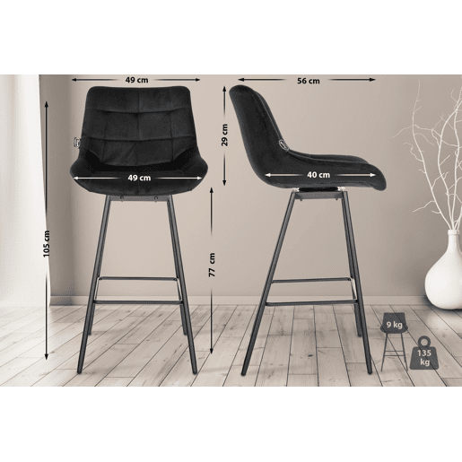 Taburete de Bar Weston Giratorio 180 grados | Taburete Alto con Respaldo y Asiento Acolchado Terciopelo Negro 56X49X105 cm
