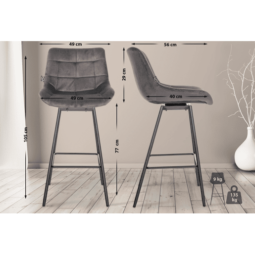 Taburete de Bar Weston Giratorio 180 grados | Taburete Alto con Respaldo y Asiento Acolchado Terciopelo Gris 56X49X105 cm