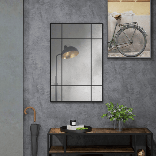 HOMCOM Espelho de Parede Retangular Espelho Estilo Janela 90x60 cm com Moldura de Metal Espelho Decorativo para Sala Quarto Entrada Preto
