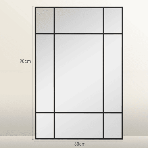HOMCOM Espelho de Parede Retangular Espelho Estilo Janela 90x60 cm com Moldura de Metal Espelho Decorativo para Sala Quarto Entrada Preto