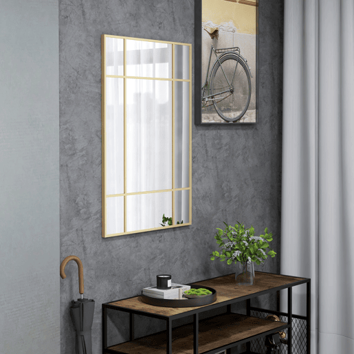 HOMCOM Espelho de Parede Retangular Espelho Estilo Janela 90x60 cm com Moldura de Metal Espelho Decorativo para Sala Quarto Entrada Dourado