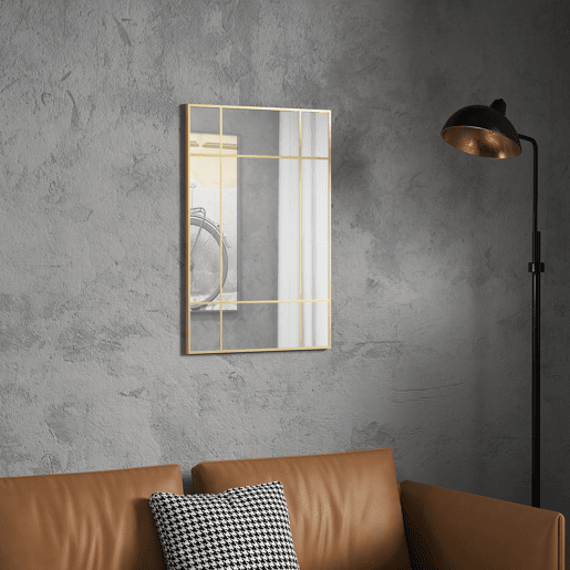 HOMCOM Espelho de Parede Retangular Espelho Estilo Janela 90x60 cm com Moldura de Metal Espelho Decorativo para Sala Quarto Entrada Dourado
