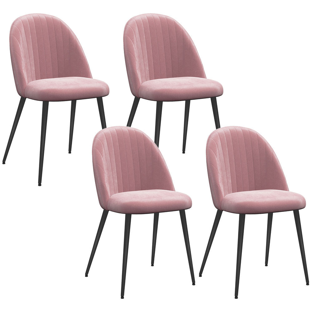 Homcom pack de 4 sillas de comedor modernas, sillas de cocina tapizada en terciopelo con respaldo curvo y patas de acero, para salón, rosa palo