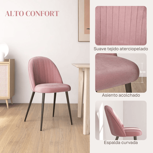 HOMCOM Conjunto de 4 Cadeiras de Sala de Jantar Modernas Cadeiras Estofadas em Veludo com Encosto Alto e Pés de Aço para Sala de Estar 50x52x83 cm Rosa