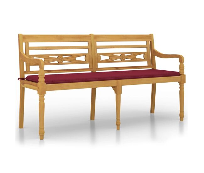 Vidaxl banco batavia con cojín rojo vino madera maciza de teca 150 cm