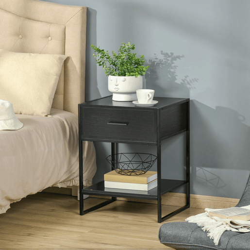 HOMCOM Mesa de Cabeceira Mesa Auxiliar com 1 Gaveta e Prateleira de Armazenamento para Dormitórios Sala de Estar Escritório Estilo Moderno 45x40x60cm Preto