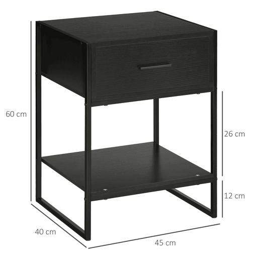 HOMCOM Mesa de Cabeceira Mesa Auxiliar com 1 Gaveta e Prateleira de Armazenamento para Dormitórios Sala de Estar Escritório Estilo Moderno 45x40x60cm Preto