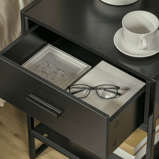 HOMCOM Mesa de Cabeceira Mesa Auxiliar com 1 Gaveta e Prateleira de Armazenamento para Dormitórios Sala de Estar Escritório Estilo Moderno 45x40x60cm Preto