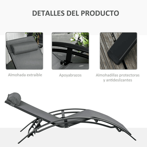 Outsunny Conjunto de Espreguiçadeiras Reclináveis com Encosto Ajustável em 5 Posições e Apoio de Cabeça Removível Acolchoado para Varanda Terraço Jardim 171x64x82 cm Cinza