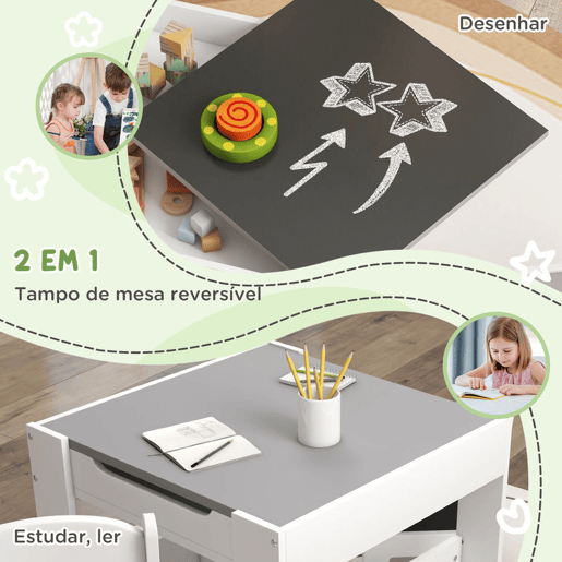 HOMCOM Conjunto de Mesa e 2 Cadeiras Infantis Mesa com Cadeiras para Crianças 2 em 1 com Ardósia Gavetas de Tecido e Espaço de Armazenamento para Quarto Sala de Jogos Cinza HOMCOM Conjunto de Mesa e 2 Cadeiras Infantis Mesa com Cadeiras para Crianças 2 em 1 com Ardósia Gavetas de Tecido e Espaço de Armazenamento para Quarto Sala de Jogos Cinza