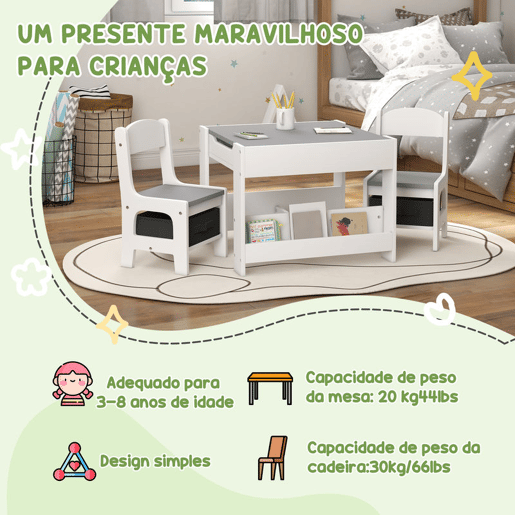 HOMCOM Conjunto de Mesa e 2 Cadeiras Infantis Mesa com Cadeiras para Crianças 2 em 1 com Ardósia Gavetas de Tecido e Espaço de Armazenamento para Quarto Sala de Jogos Cinza HOMCOM Conjunto de Mesa e 2 Cadeiras Infantis Mesa com Cadeiras para Crianças 2 em 1 com Ardósia Gavetas de Tecido e Espaço de Armazenamento para Quarto Sala de Jogos Cinza