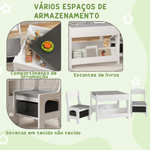 HOMCOM Conjunto de Mesa e 2 Cadeiras Infantis Mesa com Cadeiras para Crianças 2 em 1 com Ardósia Gavetas de Tecido e Espaço de Armazenamento para Quarto Sala de Jogos Cinza HOMCOM Conjunto de Mesa e 2 Cadeiras Infantis Mesa com Cadeiras para Crianças 2 em 1 com Ardósia Gavetas de Tecido e Espaço de Armazenamento para Quarto Sala de Jogos Cinza